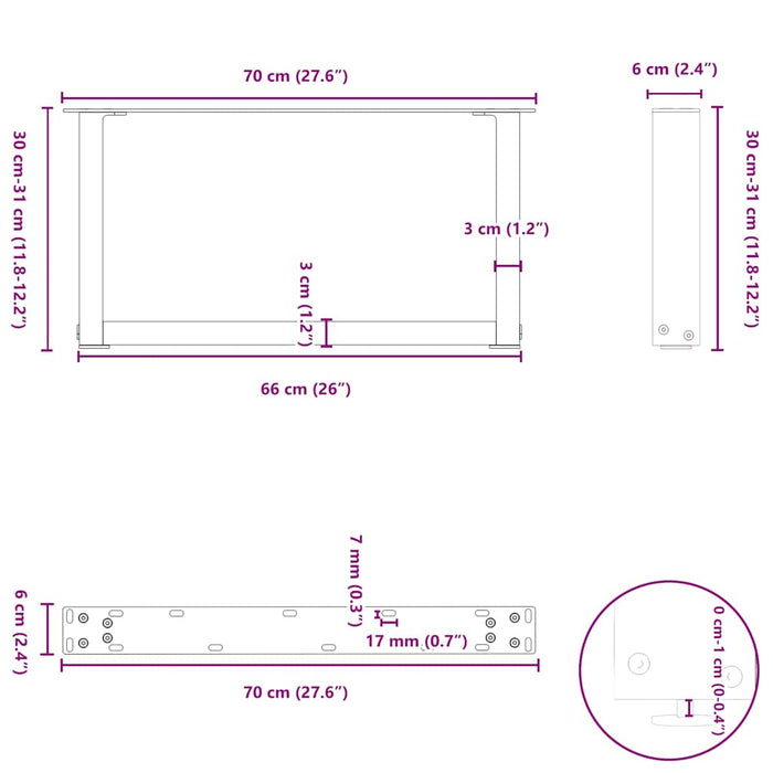 Picioare pentru măsuță de cafea în formă de U, 2 buc., alb, 70x(30-31) cm, oțel WALTI