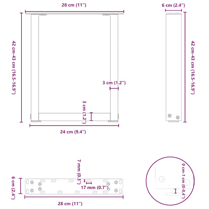 Picioare pentru măsuță de cafea în formă de U, 2 buc., oțel natural, 28x(42-43) cm WALTI