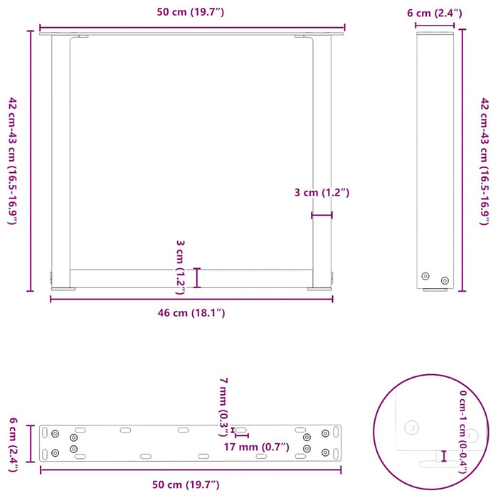Picioare pentru masă de cafea în formă de U, 2 buc., oțel natural, 50x(42-43) cm - WALTI WALTI