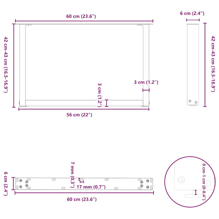 Picioare pentru măsuță de cafea în formă de U, 2 buc., oțel natural, 60 x (42-43) cm WALTI
