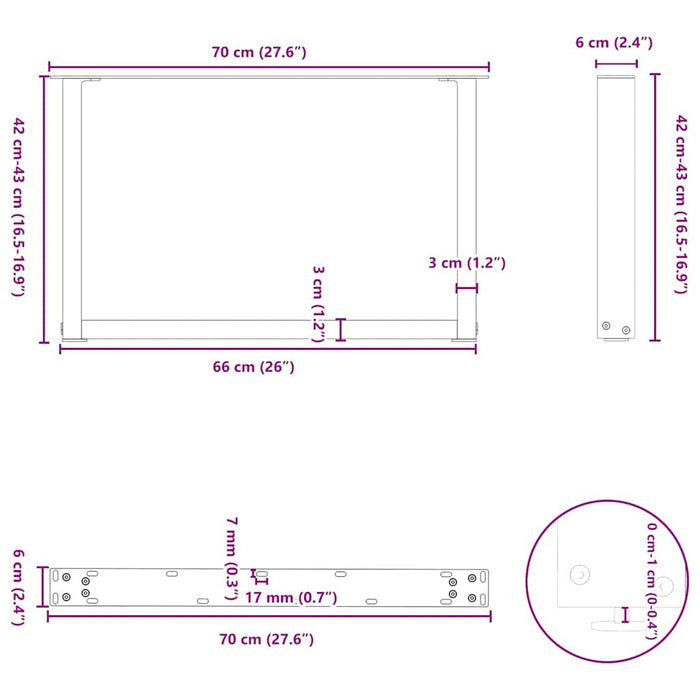Picioare pentru măsuță de cafea în formă de U, 2 buc., negru, 70x(42-43) cm, oțel WALTI