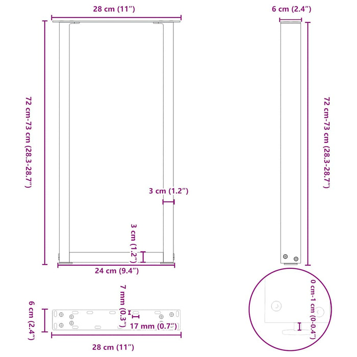 Picioare de masă consolă în formă de U, 2 buc., antracit, 28x(72-73) cm, oțel WALTI
