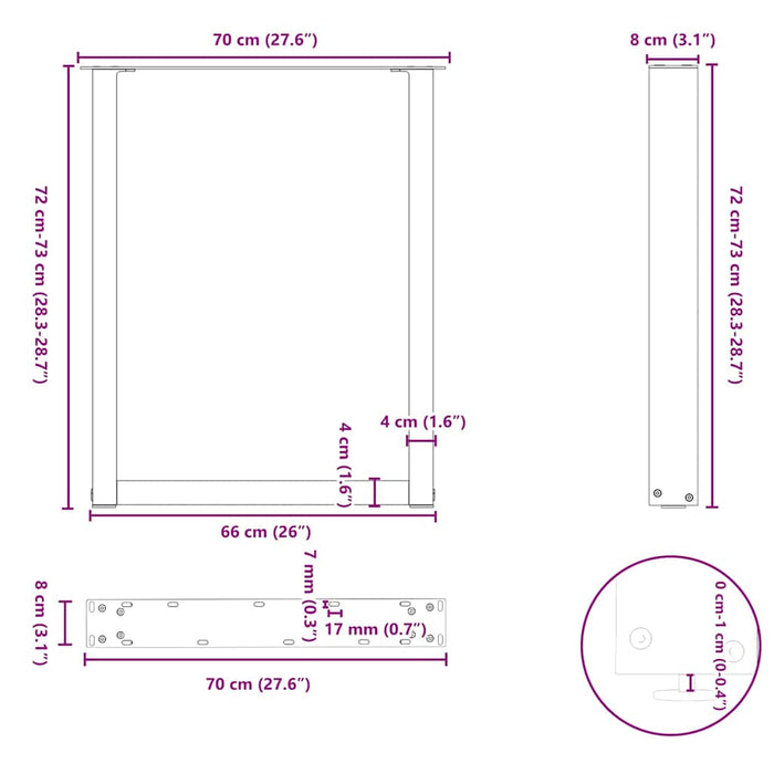 Picioare de masă în formă de U, 2 buc., oțel natural, 70x(72-73) cm WALTI