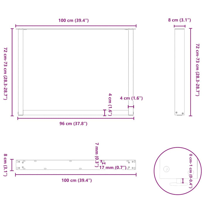 Picioare de masă în formă de U, 3 buc., alb, 100 x (72-73) cm, oțel WALTI