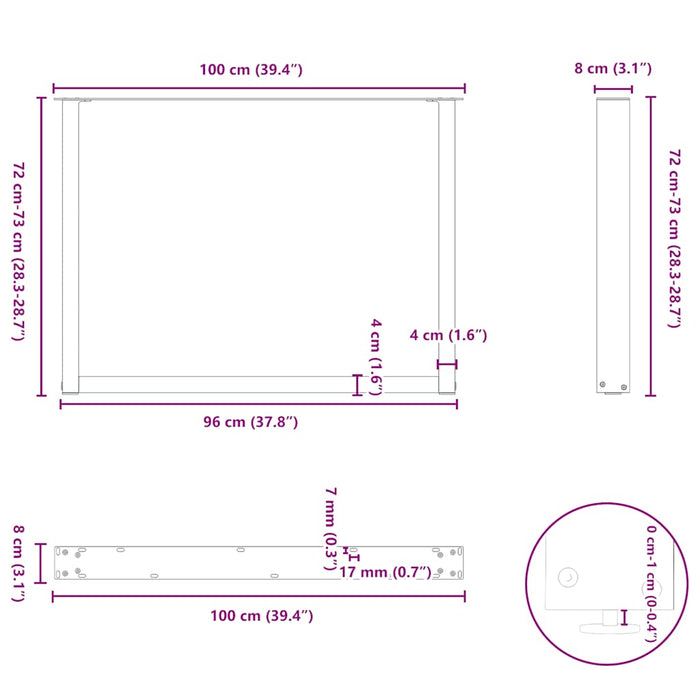 Picioare de masă în formă de U, 3 buc., oțel natural, 100 x (72-73) cm WALTI