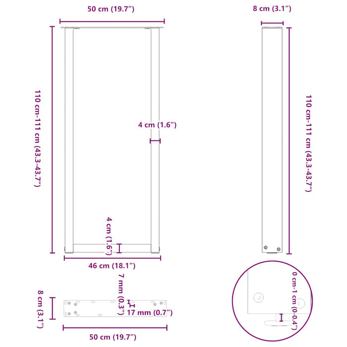 Picioare de masă de bar în formă de U, 2 buc., oțel natural, 50x(110-111) cm WALTI