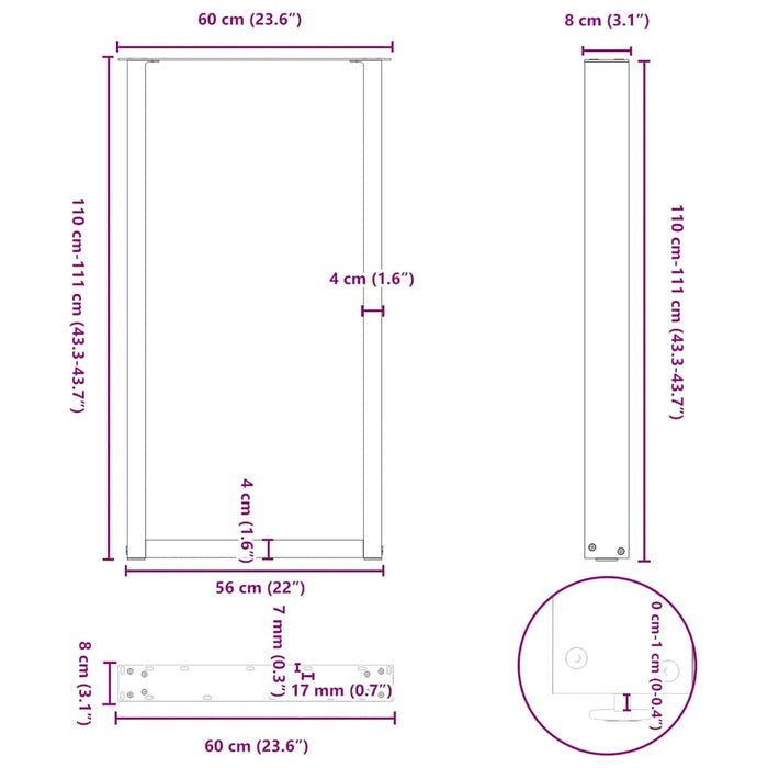 Picioare de masă de bar în formă de U, 2 buc., oțel natural, 60 x (110-111) cm - WALTI WALTI