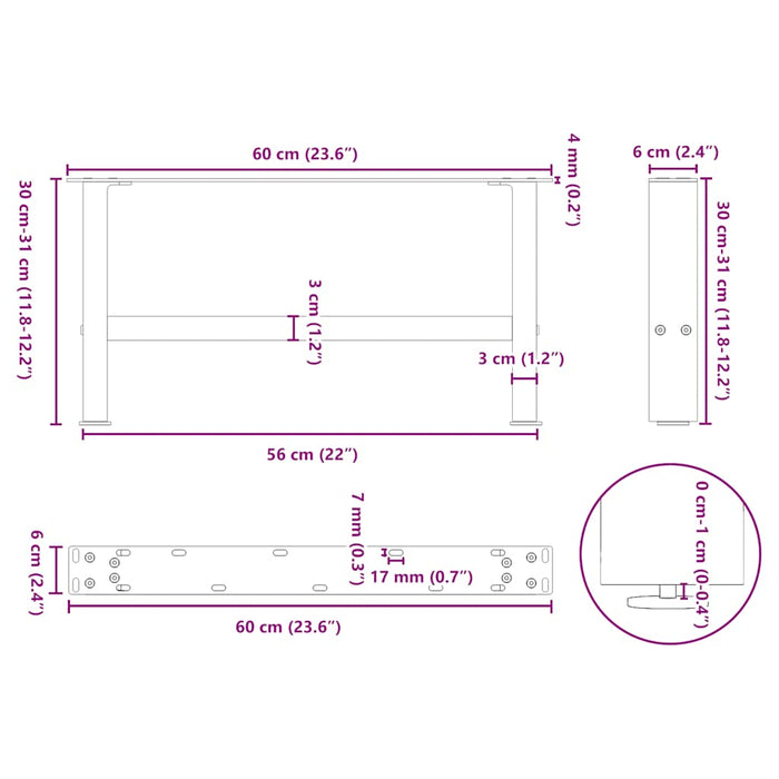 Picioare pentru măsuță de cafea, albe, 2 buc., 60x(30-31) cm, oțel WALTI