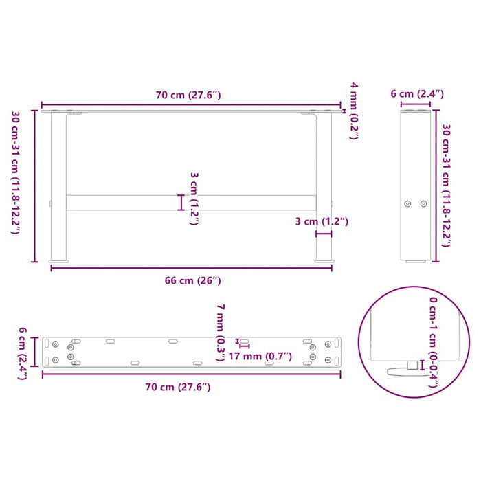 Picioare pentru măsuță de cafea, negru, 2 buc., 70x(30-31) cm, oțel WALTI