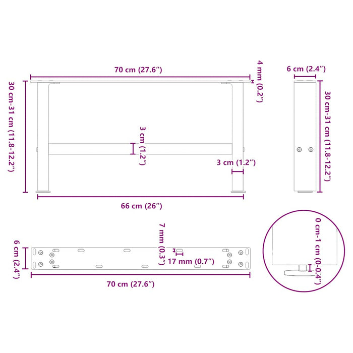 Picioare pentru măsuță de cafea antracit, 2 buc., 70x(30-31) cm, oțel WALTI