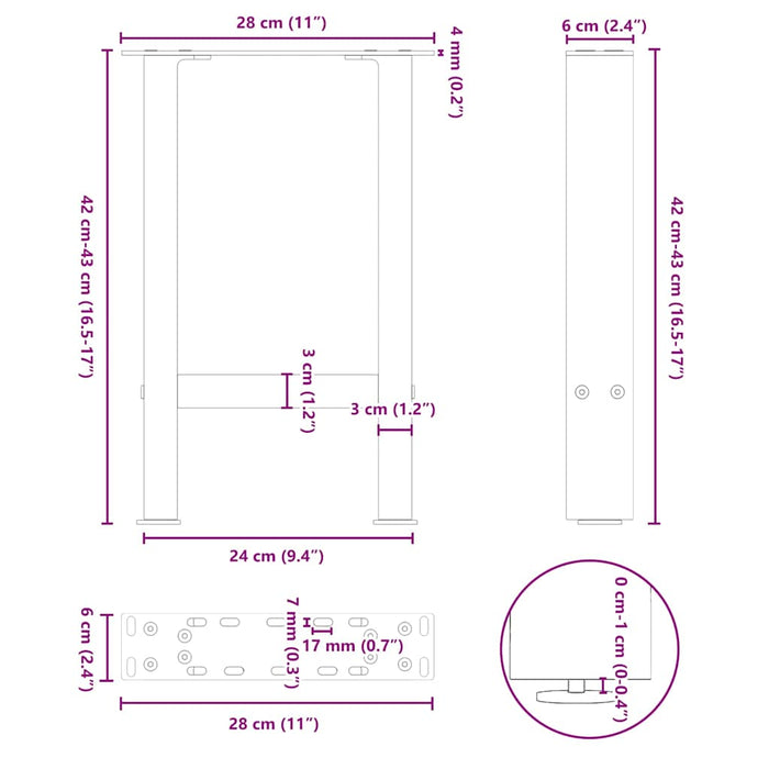 Picioare pentru masă de cafea, oțel natural, 2 buc., 28x(42-43) cm, oțel WALTI