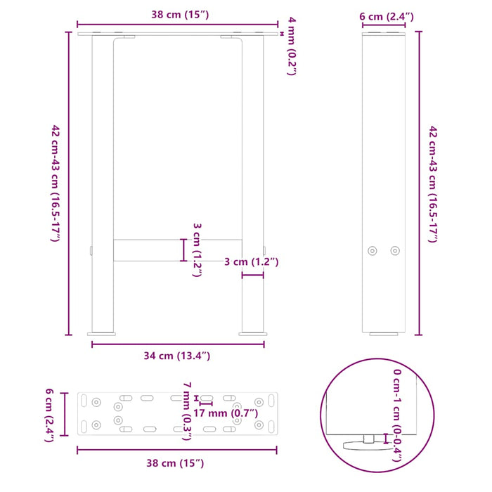Picioare pentru masă de cafea, oțel natural, 2 buc., 38x(42-43) cm, oțel WALTI
