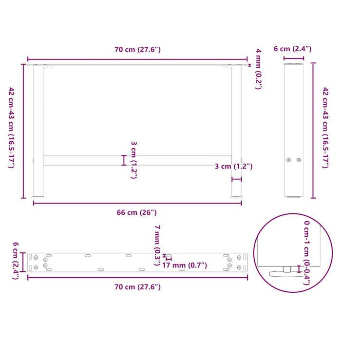 Picioare pentru masă de cafea, oțel natural, 2 buc., 70x(42-43) cm, oțel WALTI