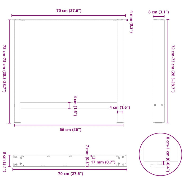 Picioare de masă din oțel natural, 2 buc., 70x(72-73) cm WALTI
