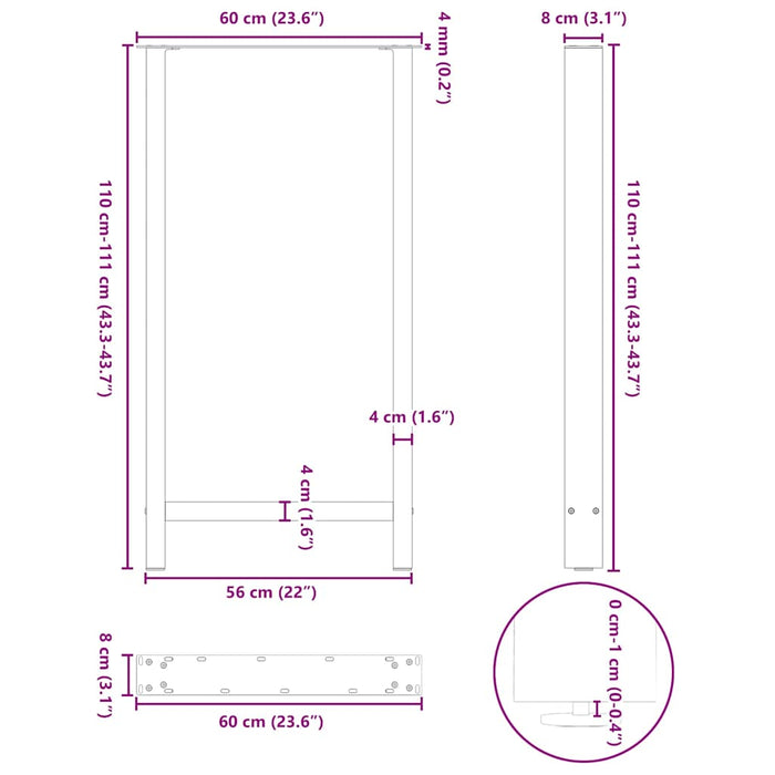 Picioare de masă de bar, oțel natural, 2 buc., 60 x (110-111) cm, oțel - WALTI WALTI