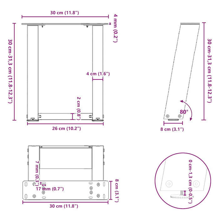 Picioare pentru măsuță de cafea în formă de U, 2 buc., alb, 30x(30-31) cm, oțel WALTI