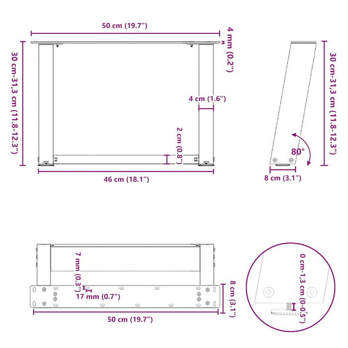 Picioare pentru măsuță de cafea în formă de U, 2 buc., antracit, 50x(30-31) cm, oțel WALTI
