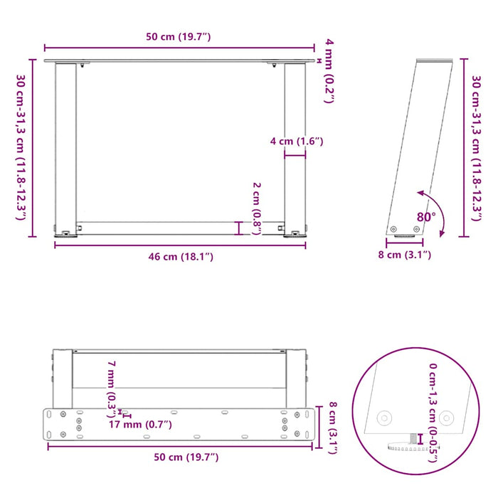 Picioare pentru măsuță de cafea în formă de U, 2 buc., oțel natural, 50x(30-31) cm WALTI