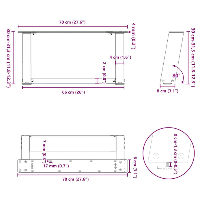 Picioare pentru măsuță de cafea în formă de U, 2 buc., antracit, 70x(30-31) cm, oțel WALTI