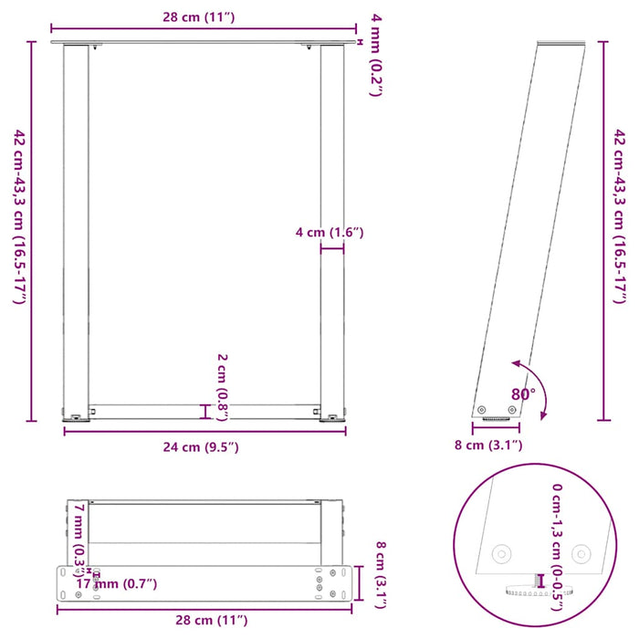Picioare pentru măsuță de cafea în formă de U, 2 buc., alb, 28x(42-43) cm, oțel WALTI