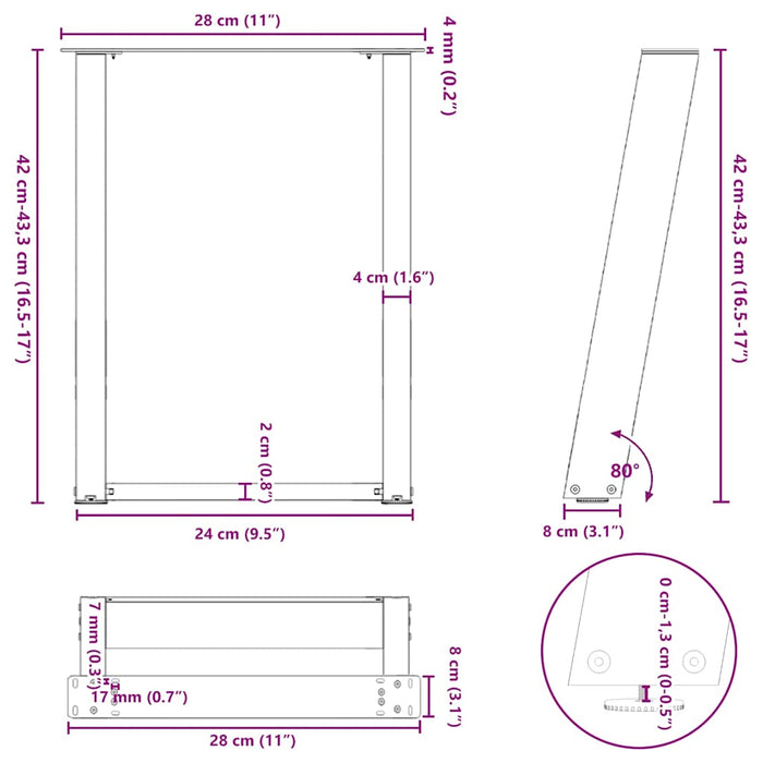 Picioare pentru măsuță de cafea în formă de U, 2 buc., oțel natural, 28x(42-43) cm WALTI