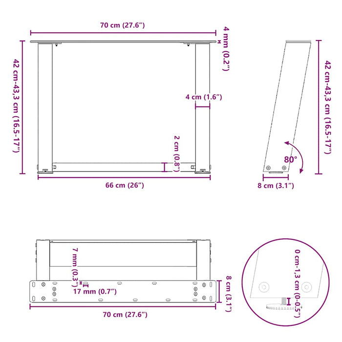 Picioare pentru măsuță de cafea în formă de U, 2 buc., negru, 70x(42-43) cm, oțel WALTI