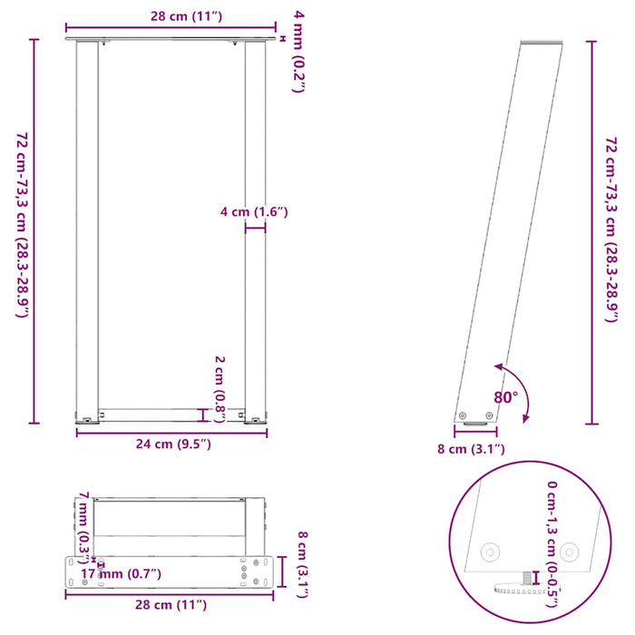 Picioare de masă consolă în formă de U, 2 buc., negru, 28x(72-73) cm, oțel WALTI
