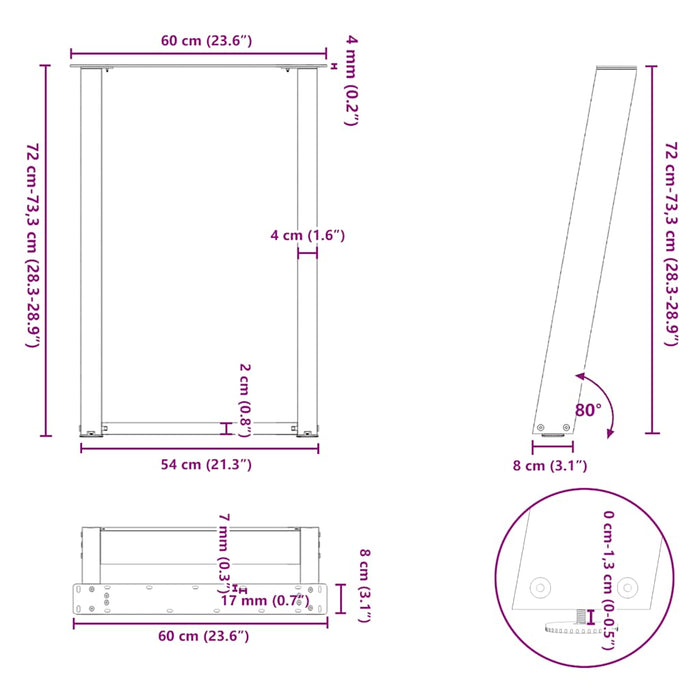Picioare de masă în formă de U, 2 buc., oțel natural, 60 x (72-73) cm WALTI