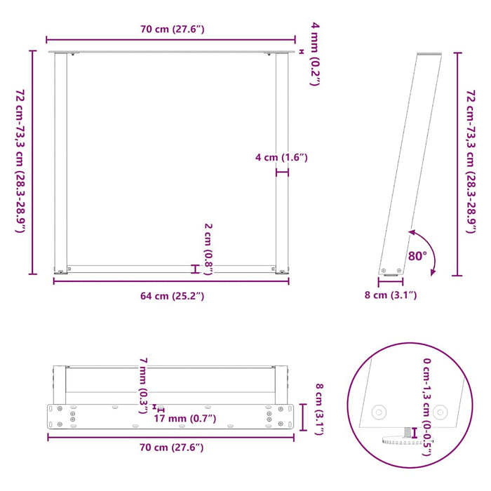Picioare de masă în formă de U, 2 buc., oțel natural, 70x(72-73) cm WALTI