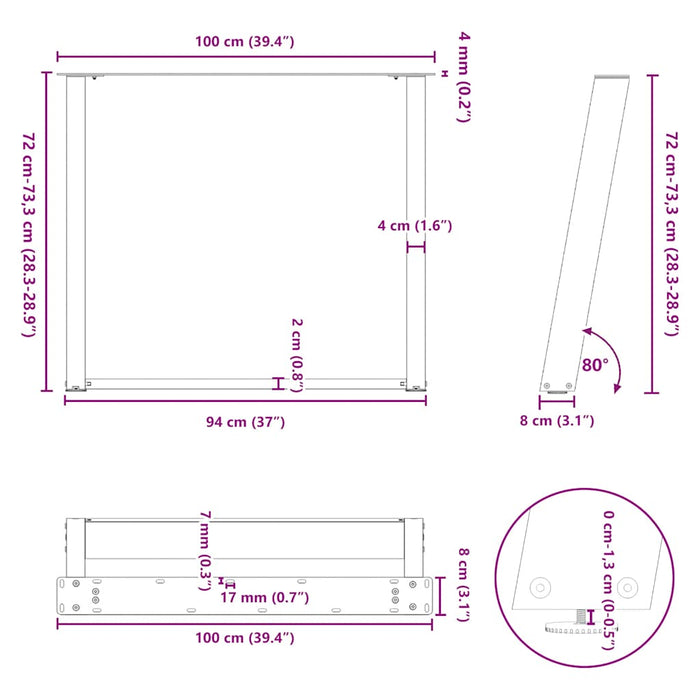 Picioare de masă în formă de U, 2 buc., negru, 100x(72-73) cm, oțel WALTI