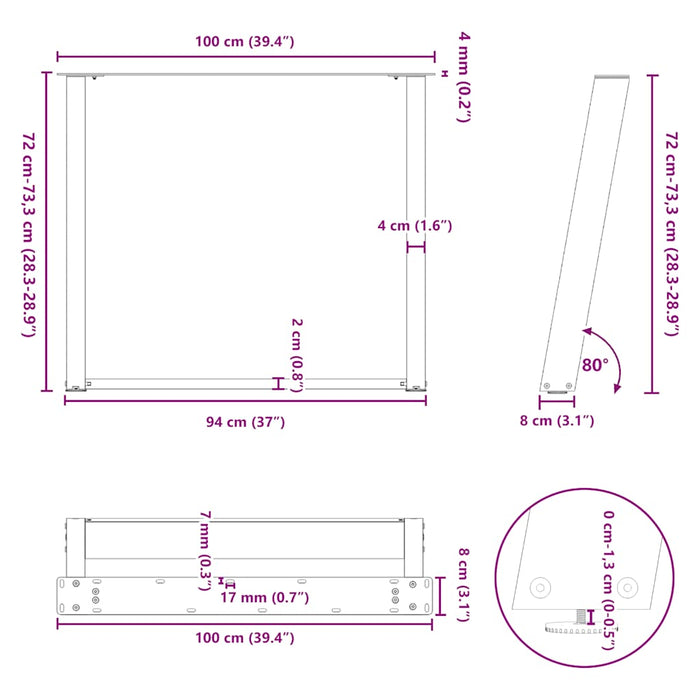 Picioare de masă în formă de U, 2 buc., oțel natural, 100 x (72-73) cm WALTI