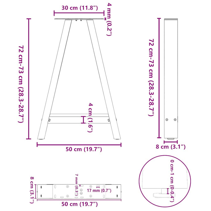 Picioare de masă în formă de A, 2 buc., 50x(72-73) cm, oțel - WALTI WALTI