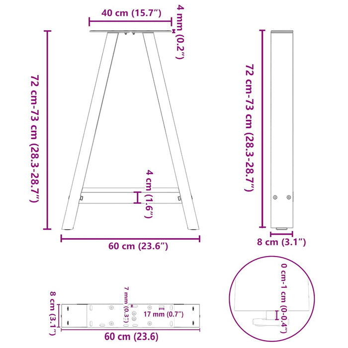 Picioare de masă în formă de A, 2 buc., 60x(72-73) cm, oțel WALTI