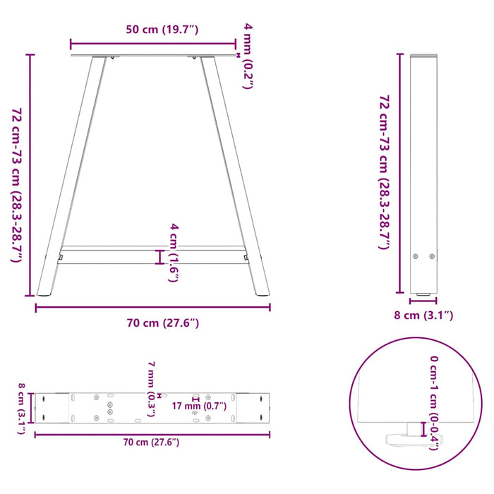Picioare de masă în formă de A, 2 buc., antracit, 70x(72-73) cm, oțel WALTI
