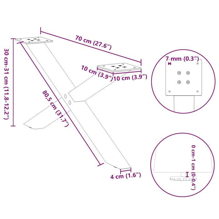 Picioare pentru măsuță de cafea în formă de X, 2 buc., antracit, 70x(30-31) cm, oțel WALTI