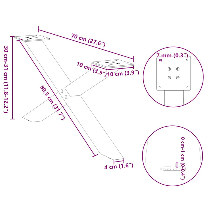 Picioare pentru masă de cafea în formă de X, 2 buc., oțel natural, 70x(30-31) cm WALTI