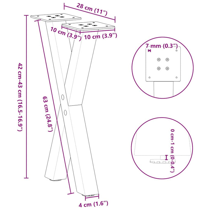 Picioare pentru masă de cafea în formă de X, 2 buc., oțel natural, 28x(42-43) cm - WALTI WALTI