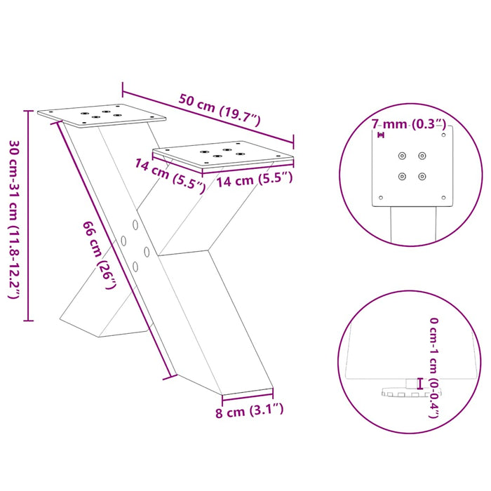 Picioare pentru măsuță de cafea în formă de X, 2 buc., alb, 50x(30-31) cm, oțel WALTI