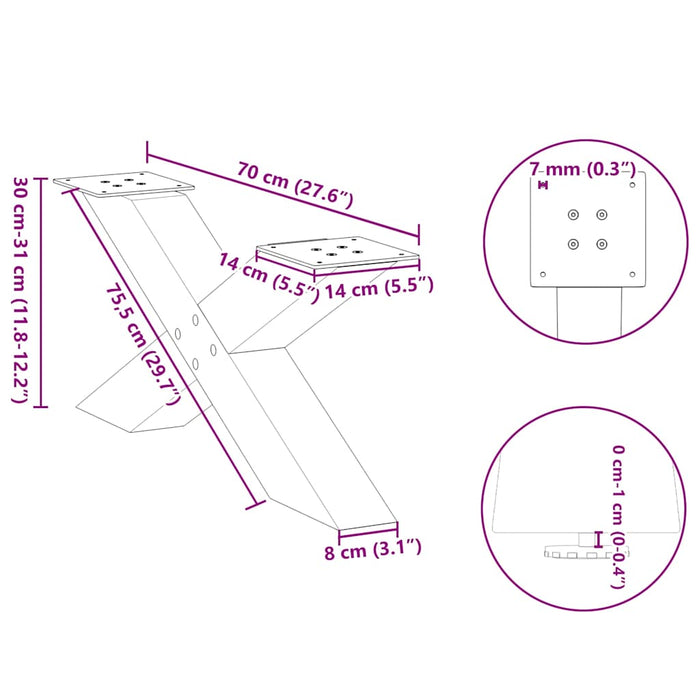 Picioare pentru masă de cafea în formă de X, 2 buc., oțel natural, 70x(30-31) cm WALTI