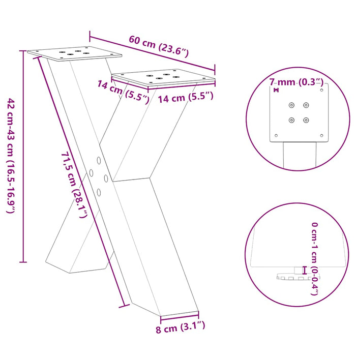 Picioare pentru masă de cafea în formă de X, 2 buc., oțel natural, 60 x (42-43) cm WALTI