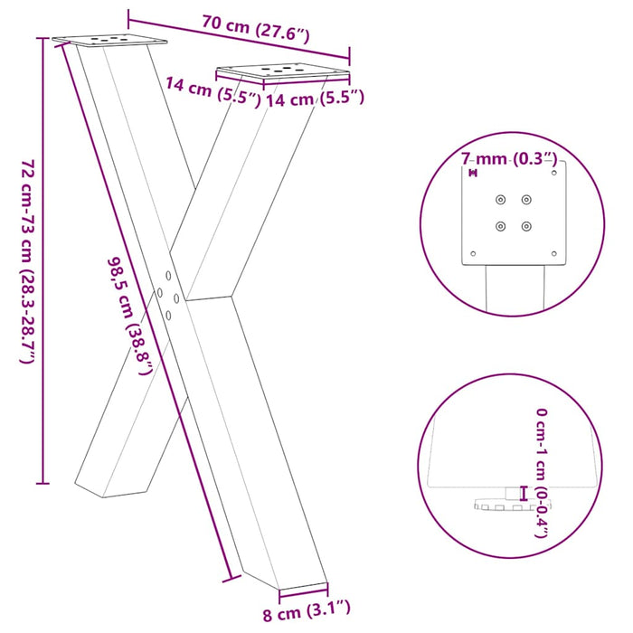 Picioare de masă în formă de X, 2 buc., oțel natural, 70x(72-73) cm WALTI
