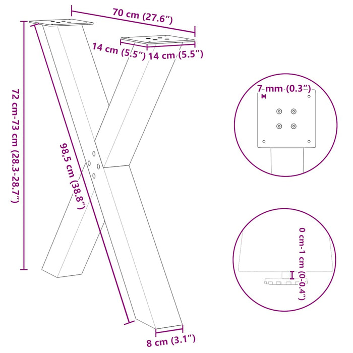 Picioare de masă în formă de X, 3 buc., oțel natural, 70x(72-73) cm WALTI