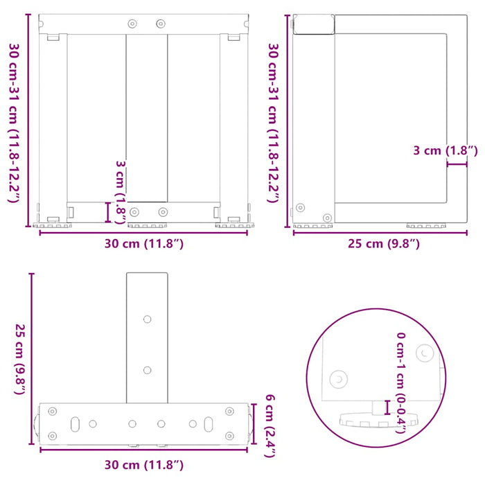 Picioare pentru măsuță de cafea în formă de T, 2 buc., alb, 30x25x(30-31) cm, oțel WALTI