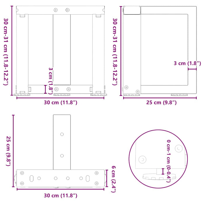 Picioare pentru măsuță de cafea în formă de T, 2 buc., antracit, 30x25x(30-31) cm, oțel WALTI