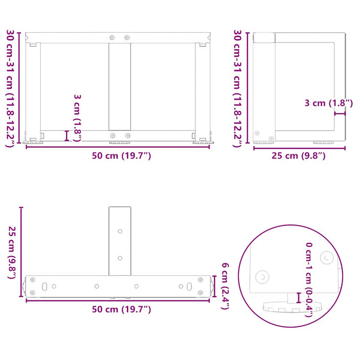 Picioare pentru măsuță de cafea în formă de T, 2 buc., negru, 50x25x(30-31) cm, oțel WALTI