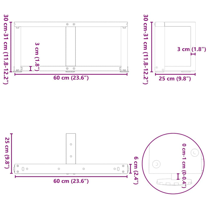 Picioare pentru măsuță de cafea în formă de T, 2 buc., alb, 60x25x(30-31) cm, oțel WALTI