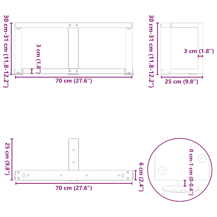Picioare pentru măsuță de cafea în formă de T, 2 buc., negru, 70x25x(30-31) cm, oțel WALTI