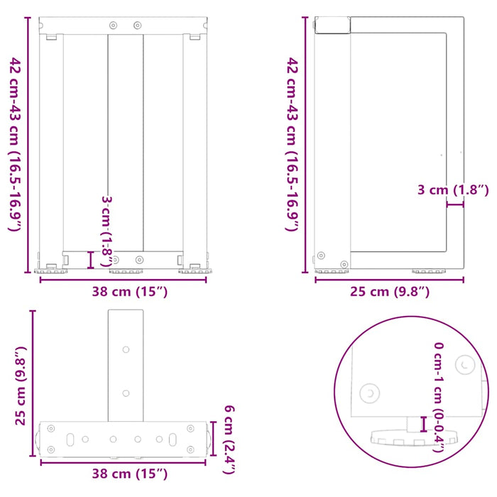 Picioare pentru măsuță de cafea în formă de T, 2 buc., antracit, 38x25x(42-43) cm, oțel WALTI