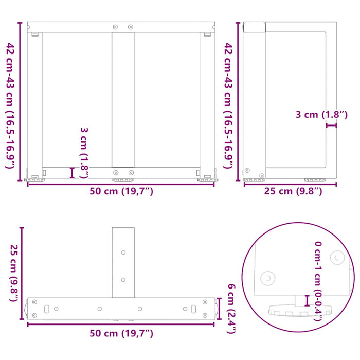 Picioare pentru măsuță de cafea în formă de T, 2 buc., alb, 50x25x(42-43) cm, oțel WALTI