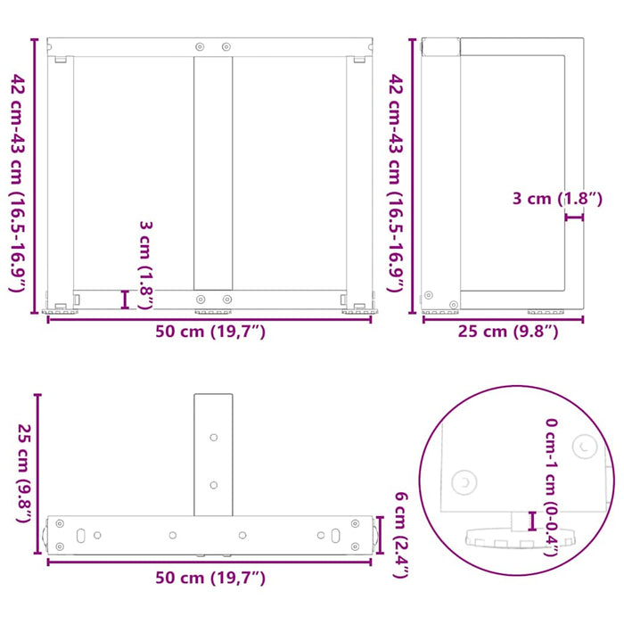 Picioare pentru măsuță de cafea în formă de T, 2 buc., negru, 50x25x(42-43) cm, oțel - WALTI WALTI